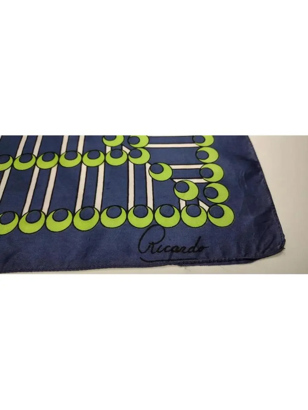 Vintage Blue Satin Scarf RICARDO POP ART Green MODERNISM FLAMBOYANT CUBAN STYLE